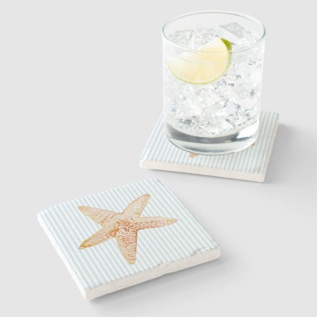 Starfish Painting Blue Stripe Marble Stone Coaster (Side)