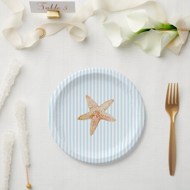 Starfish Painting Blue Stripe Ocean Beach Party Paper Plate (Wedding)