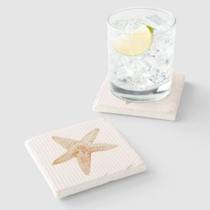 Starfish Painting Pink Stripe Marble Stone Coaster