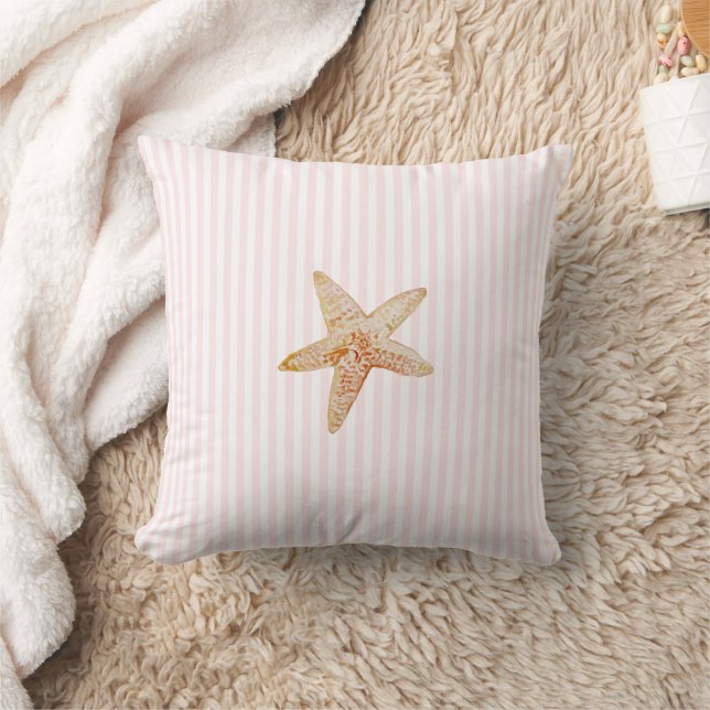 Starfish Painting Pink Stripe Ocean Beach House Cushion (Blanket)