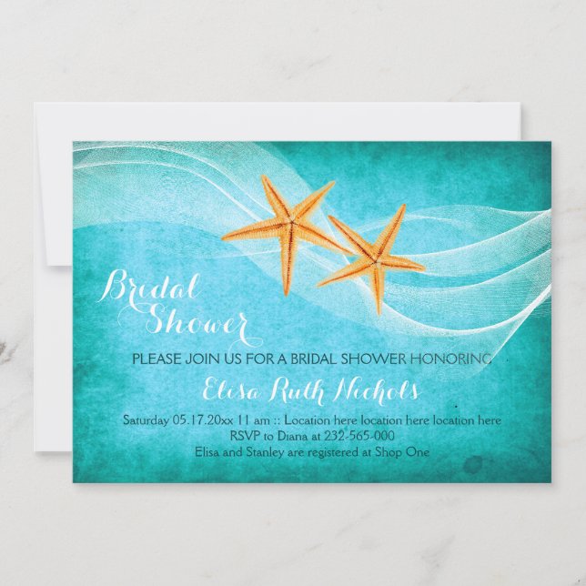 Starfish pair beach wedding bridal shower invitation (Front)