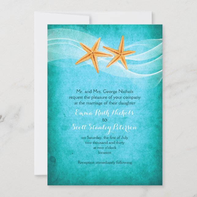Starfish pair turquoise destination beach wedding invitation (Front)