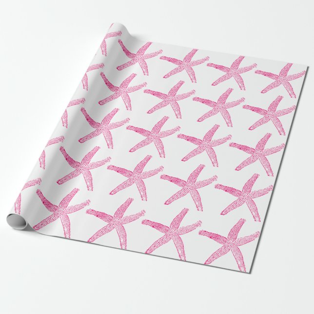 Starfish Pattern Beach Coastal Hot Pink White Wrapping Paper (Unrolled)