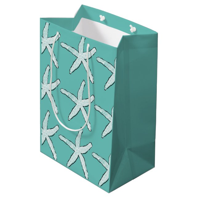 Starfish Pattern Beach Coastal Teal Blue Christmas Medium Gift Bag (Back Angled)