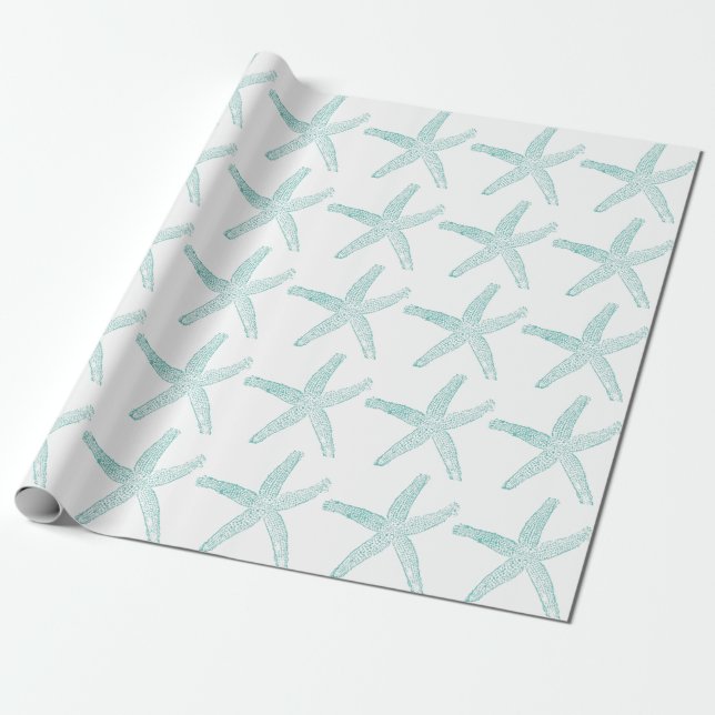 Starfish Pattern Beach Coastal Teal Blue White Wrapping Paper (Unrolled)