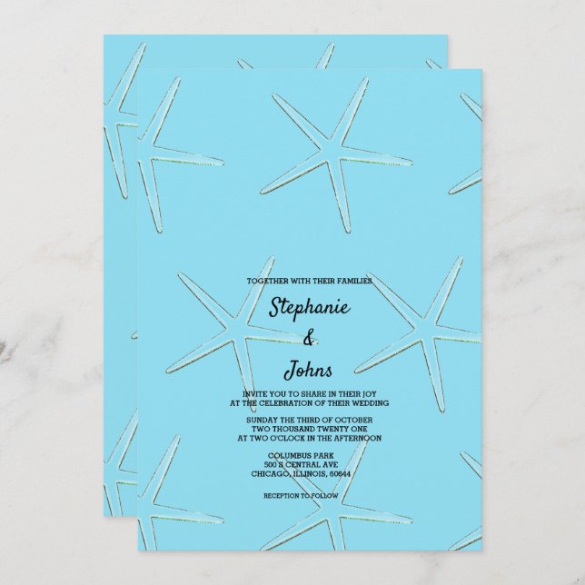 Starfish Pattern Blue Beach Destination Wedding Invitation (Front/Back)