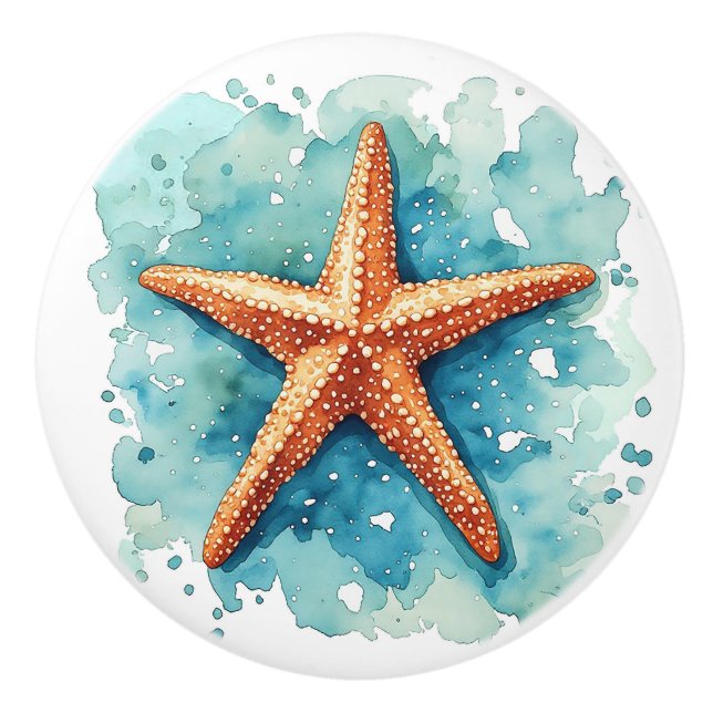 Starfish Pattern Blue Ceramic Knob (Front)
