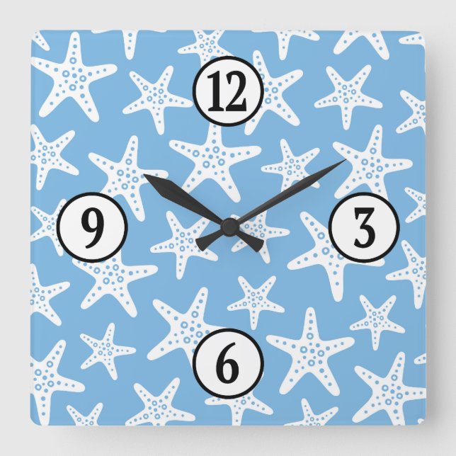 Starfish Pattern Blue Square Wall Clock (Front)