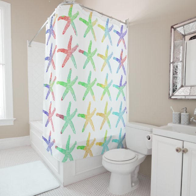Starfish Pattern Colourful Kids Bathroom Decor Cut Shower Curtain (In Situ)