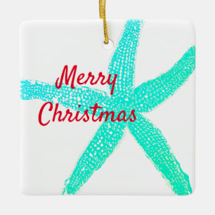Starfish Pattern Green Blue Red Merry Christmas Ceramic Ornament