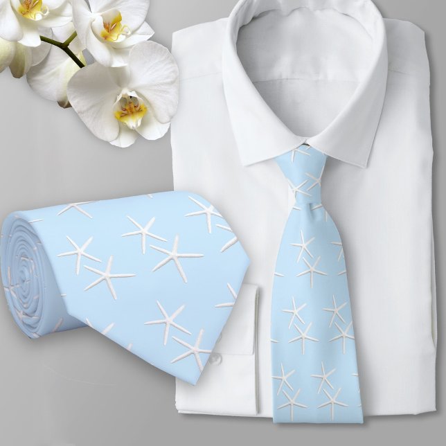 Starfish Pattern Pale Blue Beach Groom Neck Tie (Creator Uploaded)
