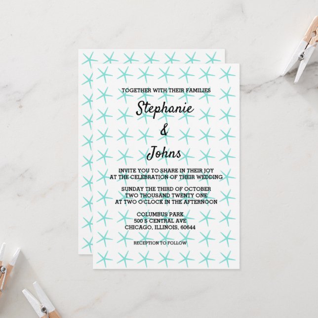 Starfish Pattern Teal Blue Nautical Beach Wedding Invitation (Front/Back In Situ)