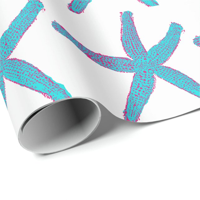 Starfish Pattern Teal Pink White Beach Christmas Wrapping Paper (Roll Corner)