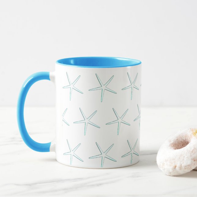Starfish Pattern Teal Sky Blue White Nautical Cute Mug (With Donut)