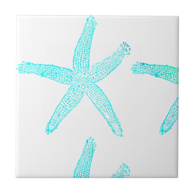 Starfish Patterns Beach Teal Blue White Nautical Tile (Front)
