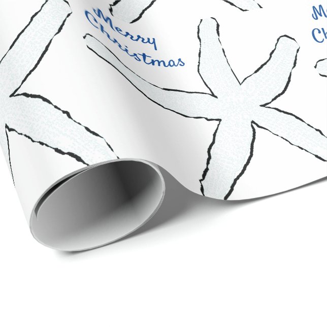 Starfish Patterns Blue White Beach Merry Christmas Wrapping Paper (Roll Corner)