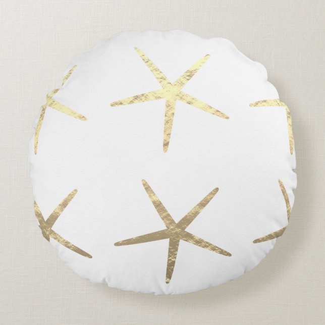 Starfish Patterns Gold White Golden Beach Gift Round Cushion (Front)