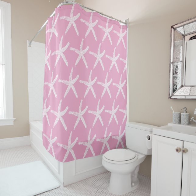 Starfish Patterns Nautical Beach Pink White Cute Shower Curtain (In Situ)