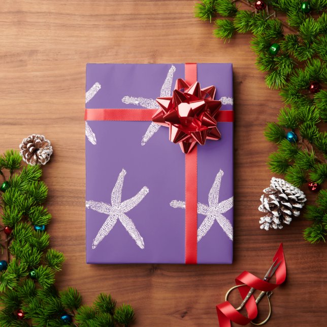 Starfish Patterns Nautical Beach Purple White Cute Wrapping Paper (Holiday Gift)