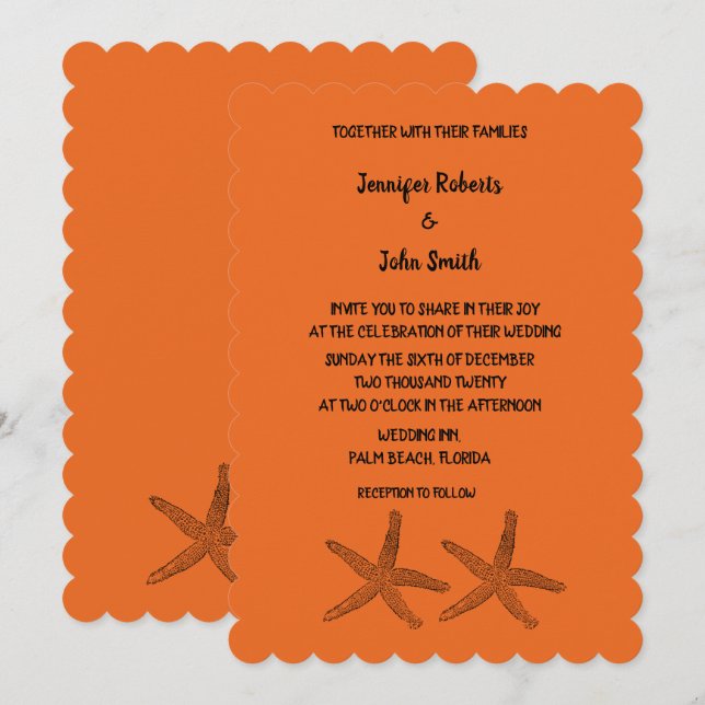 Starfish Patterns Orange Black Colourful Wedding Invitation (Front/Back)