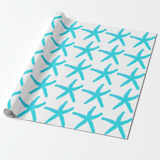 Starfish Patterns Pastel Teal Blue White Christmas Wrapping Paper (Unrolled)