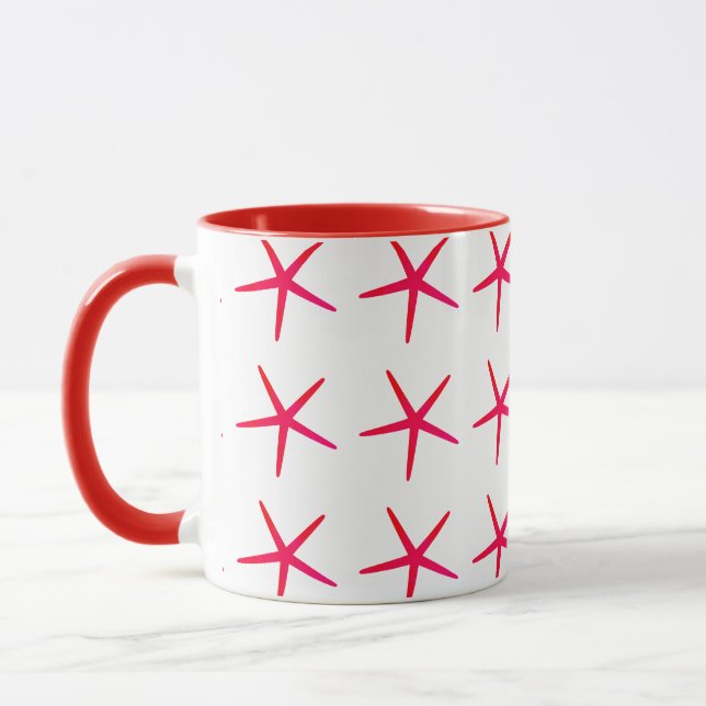 Starfish Patterns Pink Red White Nautical Cute Mug (Left)