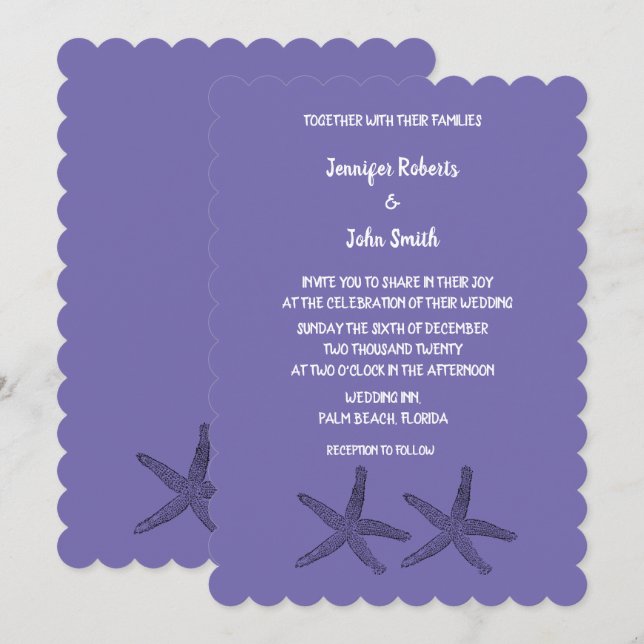 Starfish Patterns Purple White Cute Beach Wedding Invitation (Front/Back)