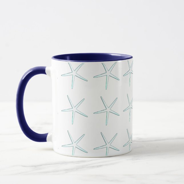 Starfish Patterns Teal Blue White Nautical Cute Mug (Left)