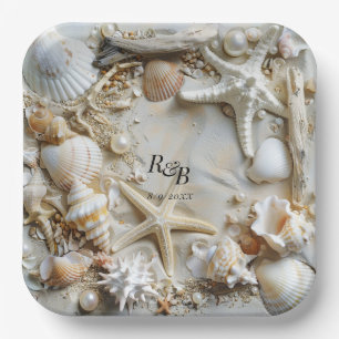 Starfish Pearls Seashells Driftwood Beach Paper Plate