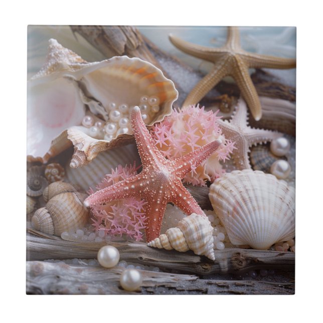 Starfish Pearls Seashells Driftwood Beach Tile (Front)