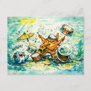 Starfish playing drums and trumpet postcard