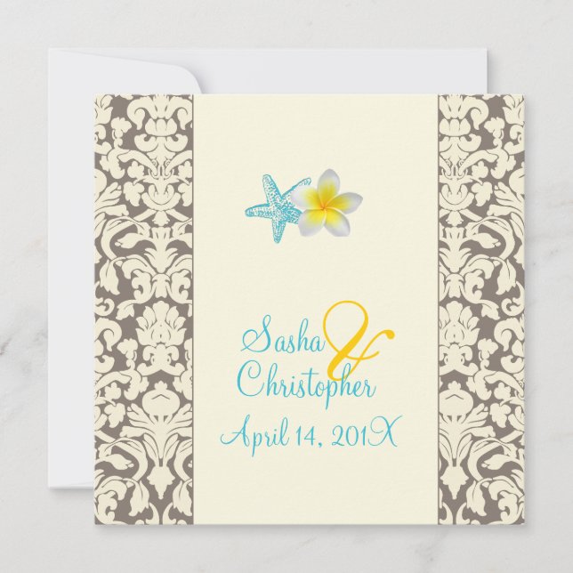 Starfish, plumeria + damask Wedding Invitations (Front)