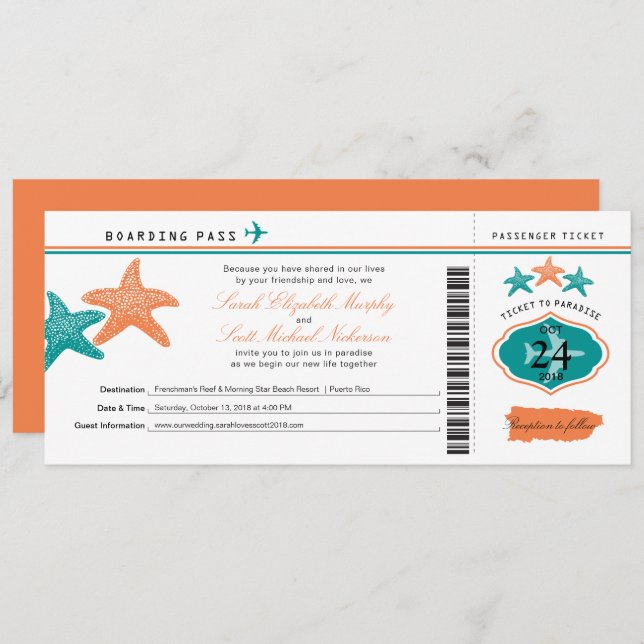Starfish Puerto Rico Boarding Pass Wedding Invitation (Front/Back)