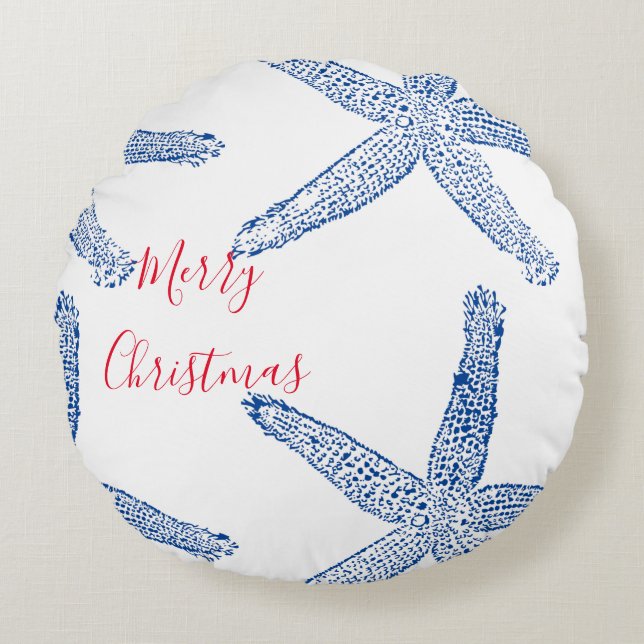 Starfish Red Blue White Beach Merry Christmas Round Cushion (Front)