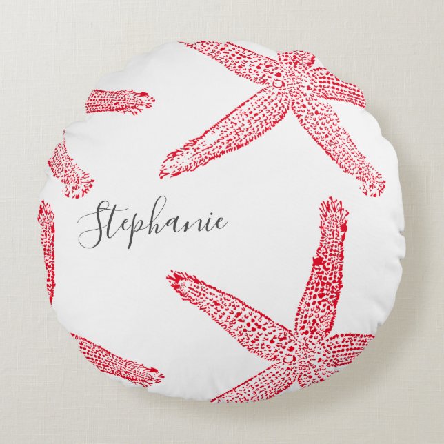 Starfish Red White Beach Grey Name Christmas Round Cushion (Front)