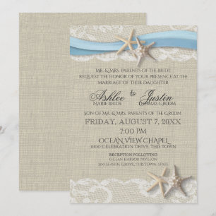 Starfish Ribbon and Lace Light Blue Wedding Invitation