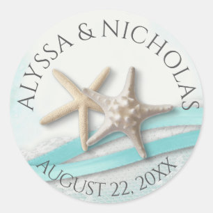 Starfish Ribbon and Lace Turquoise Wedding Classic Round Sticker