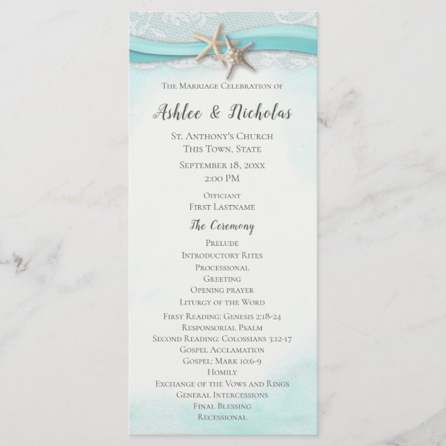 Starfish Ribbon Beach Wedding Programme (Front)