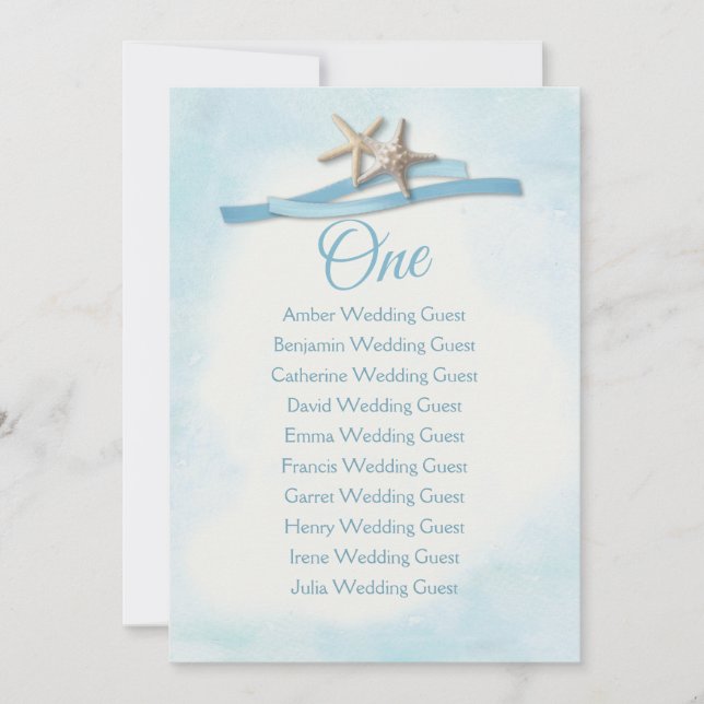 Starfish Ribbon Blue Table One Seating Card (Front)