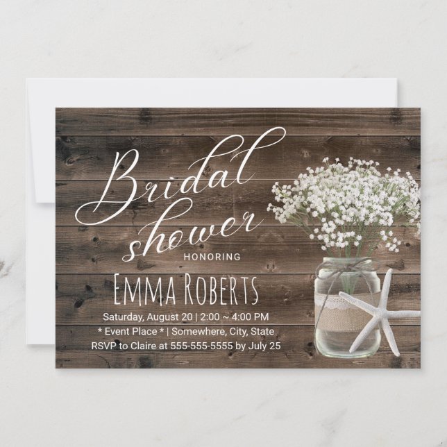 Starfish Rustic Floral Jar Beach Bridal Shower Invitation (Front)