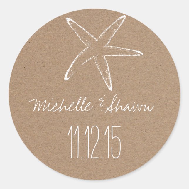 Starfish Rustic Kraft Paper Wedding Favour Classic Round Sticker (Front)