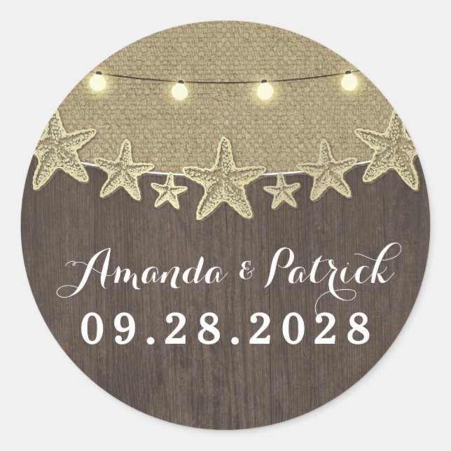 Starfish Rustic Lights Beach Wedding Favour Classic Round Sticker (Front)