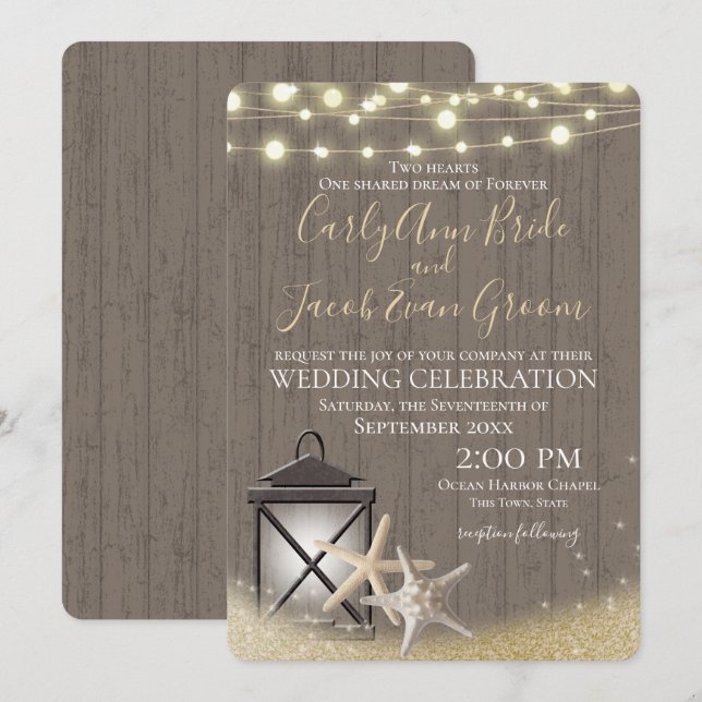 Starfish Rustic Ocean Drift Wood and Lights Invitation (Front/Back)