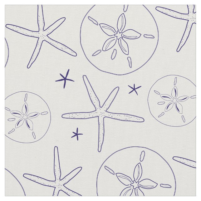 Starfish, Sand Dollar Navy Blue Beach Theme Fabric (Close Up)