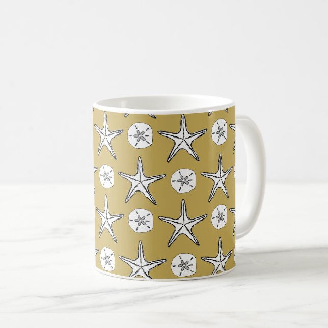 Starfish Sand Dollar Sketch Pattern Coffee Mug (Front Right)