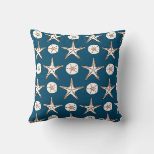 Starfish Sand Dollar Sketch Pattern On Ocean Blue Cushion