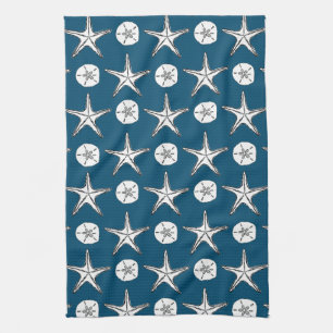 Starfish Sand Dollar Sketch Pattern On Ocean Blue Tea Towel