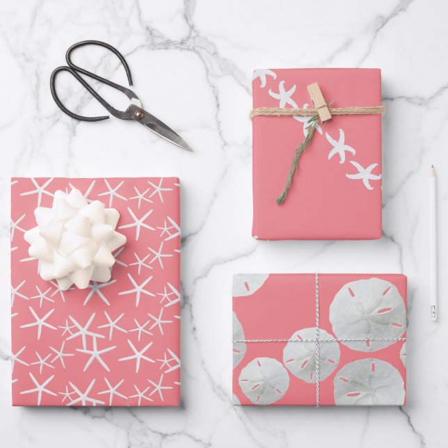 Starfish Sand Dollars Pink Girly Seashells Wrapping Paper Sheet (Front)