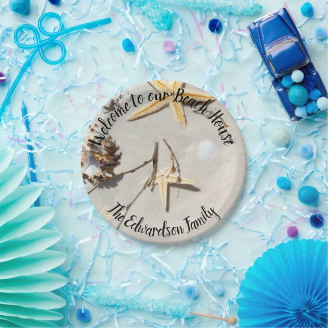 Starfish sand welcome to beach house family name paper plate (Party)