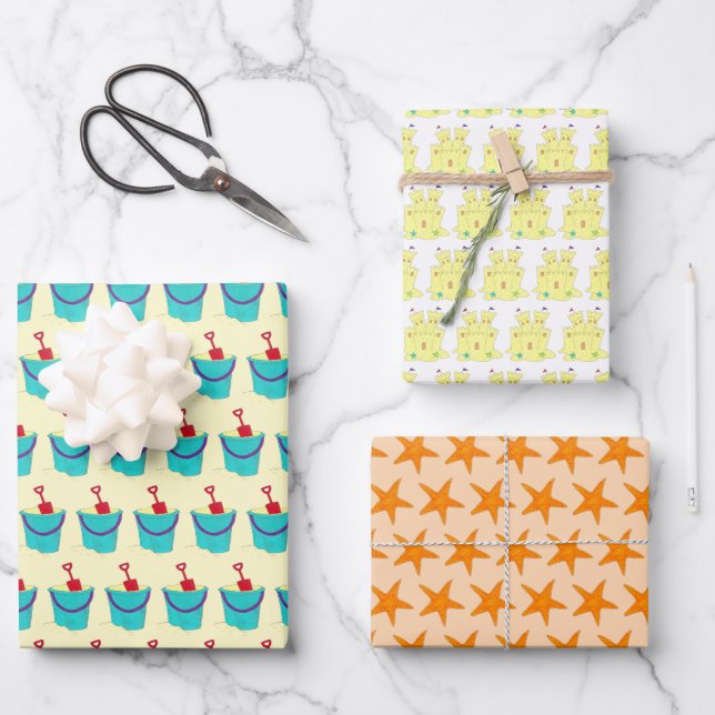 Starfish Sandcastle Sand Toys Summer Fun Beach Wrapping Paper Sheet (Front)